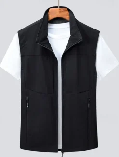 Discount OUKU Men's Vest Gilet Fishing Vest Hiking Vest Daily Date Vacation Fashion Casual Spring & Summer Pocket Polyester Comfortable Plain Zipper Stand Collar Regular Fit Black Khaki Army Green Dark Blue Vest
