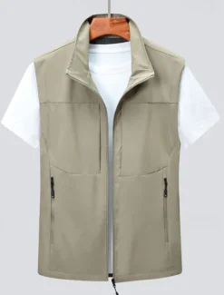 Discount OUKU Men's Vest Gilet Fishing Vest Hiking Vest Daily Date Vacation Fashion Casual Spring & Summer Pocket Polyester Comfortable Plain Zipper Stand Collar Regular Fit Black Khaki Army Green Dark Blue Vest