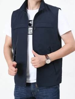 Clearance OUKU Men's Vest Gilet Fishing Vest Hiking Vest Daily Date Vacation Fashion Casual Spring & Fall Pocket Nylon Comfortable Mountain Zipper Stand Collar Regular Fit Black Khaki Army Green Dark Blue Vest
