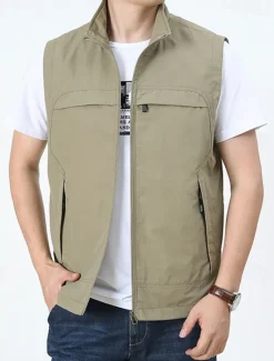 Clearance OUKU Men's Vest Gilet Fishing Vest Hiking Vest Daily Date Vacation Fashion Casual Spring & Fall Pocket Nylon Comfortable Mountain Zipper Stand Collar Regular Fit Black Khaki Army Green Dark Blue Vest