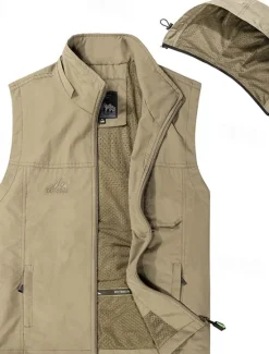Best OUKU Men's Vest Gilet Fishing Vest Hiking Vest Daily Date Vacation Fashion Casual Spring & Fall Pocket Detachable Hood Polyester Comfortable Plain Zipper Hooded Regular Fit Black Khaki Army Green Dark
