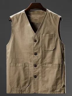 New OUKU Men's Vest Gilet Fishing Vest Hiking Vest Sleeveless Vest Gilet Jacket Outdoor Fishing Daily Wear Vacation Modern Contemporary Casual Summer Spring Button Pocket 95% Cotton Breathability Soft