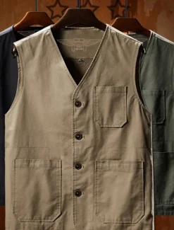 New OUKU Men's Vest Gilet Fishing Vest Hiking Vest Sleeveless Vest Gilet Jacket Outdoor Fishing Daily Wear Vacation Modern Contemporary Casual Summer Spring Button Pocket 95% Cotton Breathability Soft