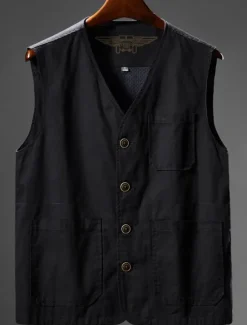 New OUKU Men's Vest Gilet Fishing Vest Hiking Vest Sleeveless Vest Gilet Jacket Outdoor Fishing Daily Wear Vacation Modern Contemporary Casual Summer Spring Button Pocket 95% Cotton Breathability Soft