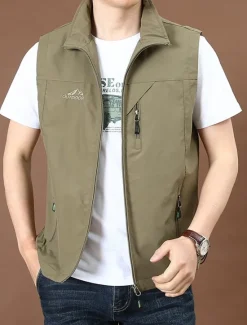 Best OUKU Men's Vest Gilet Fishing Vest Hiking Vest Daily Date Vacation Fashion Casual Spring & Fall Pocket Nylon Comfortable Plain Zipper Stand Collar Regular Fit Black Red Royal Blue Khaki Vest