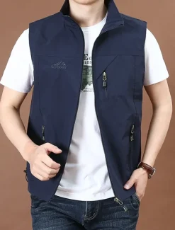 Best OUKU Men's Vest Gilet Fishing Vest Hiking Vest Daily Date Vacation Fashion Casual Spring & Fall Pocket Nylon Comfortable Plain Zipper Stand Collar Regular Fit Black Red Royal Blue Khaki Vest