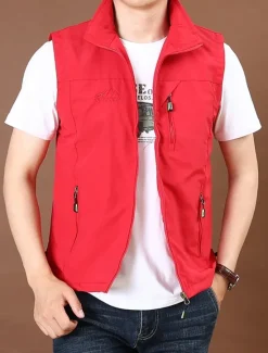 Best OUKU Men's Vest Gilet Fishing Vest Hiking Vest Daily Date Vacation Fashion Casual Spring & Fall Pocket Nylon Comfortable Plain Zipper Stand Collar Regular Fit Black Red Royal Blue Khaki Vest