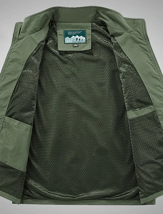 Hot OUKU Men's Vest Gilet Fishing Vest Hiking Vest Daily Date Vacation Fashion Casual Spring & Summer Mesh Pocket Polyester Breathable Comfortable Plain Zipper Stand Collar Regular Fit Black Khaki Army Green