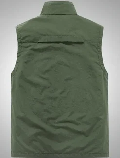 Hot OUKU Men's Vest Gilet Fishing Vest Hiking Vest Daily Date Vacation Fashion Casual Spring & Summer Mesh Pocket Polyester Breathable Comfortable Plain Zipper Stand Collar Regular Fit Black Khaki Army Green