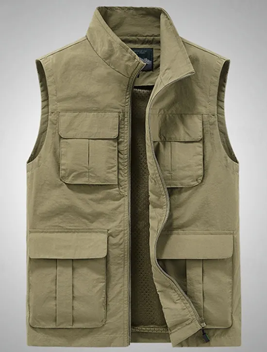 Hot OUKU Men's Vest Gilet Fishing Vest Hiking Vest Daily Date Vacation Fashion Casual Spring & Summer Mesh Pocket Polyester Breathable Comfortable Plain Zipper Stand Collar Regular Fit Black Khaki Army Green