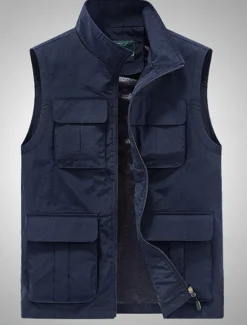 Hot OUKU Men's Vest Gilet Fishing Vest Hiking Vest Daily Date Vacation Fashion Casual Spring & Summer Mesh Pocket Polyester Breathable Comfortable Plain Zipper Stand Collar Regular Fit Black Khaki Army Green