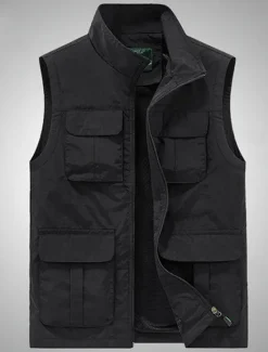 Hot OUKU Men's Vest Gilet Fishing Vest Hiking Vest Daily Date Vacation Fashion Casual Spring & Summer Mesh Pocket Polyester Breathable Comfortable Plain Zipper Stand Collar Regular Fit Black Khaki Army Green