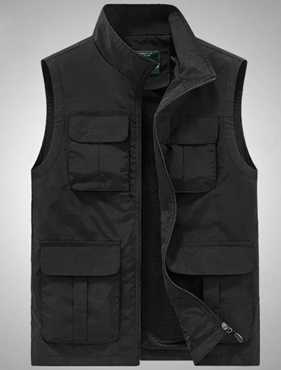 Hot OUKU Men's Vest Gilet Fishing Vest Hiking Vest Daily Date Vacation Fashion Casual Spring & Summer Mesh Pocket Polyester Breathable Comfortable Plain Zipper Stand Collar Regular Fit Black Khaki Army Green