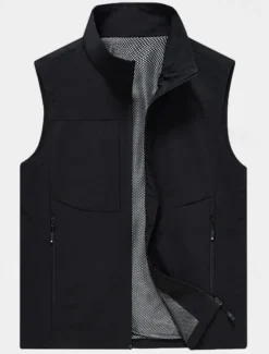 Clearance OUKU Men's Vest Gilet Fishing Vest Hiking Vest Daily Date Vacation Fashion Casual Spring & Summer Pocket Polyester Breathability Plain Zipper Stand Collar Regular Fit Black Khaki Army Green Dark Blue Vest