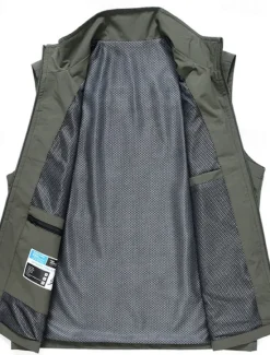 Clearance OUKU Men's Vest Gilet Fishing Vest Hiking Vest Daily Date Vacation Fashion Casual Spring & Summer Pocket Polyester Breathability Plain Zipper Stand Collar Regular Fit Black Khaki Army Green Dark Blue Vest