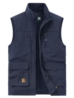 Online OUKU Men's Vest Gilet Fishing Vest Hiking Vest Sleeveless Vest Gilet Jacket Outdoor Street Daily Going out Streetwear Casual Spring Fall Pocket Polyester Nylon Breathable Plain Zipper Stand Collar Loose