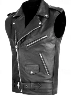 Hot OUKU Men's Vest Gilet Leather Vest Daily Date Vacation Fashion Casual Spring & Fall Pocket PU Leather Comfortable Plain Zipper Lapel Regular Fit Vest Black