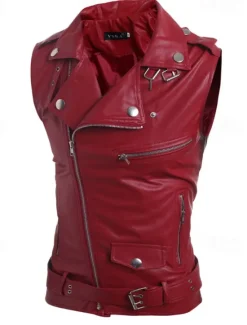 Online OUKU Men's Vest Gilet Leather Vest Daily Date Vacation Fashion Casual Spring & Fall Pocket Polyester Comfortable Plain Zipper Lapel Regular Fit Black White Red Vest