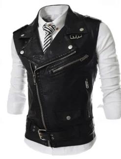 Online OUKU Men's Vest Gilet Leather Vest Daily Date Vacation Fashion Casual Spring & Fall Pocket Polyester Comfortable Plain Zipper Lapel Regular Fit Black White Red Vest