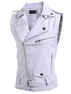Online OUKU Men's Vest Gilet Leather Vest Daily Date Vacation Fashion Casual Spring & Fall Pocket Polyester Comfortable Plain Zipper Lapel Regular Fit Black White Red Vest
