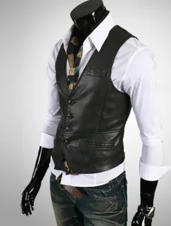 Online OUKU Men's Vest Gilet Leather Vest Daily Date Vacation Fashion Casual Spring & Fall Button Pocket Polyester Comfortable Plain Single Breasted One-button V Neck Regular Fit Black Brown Vest