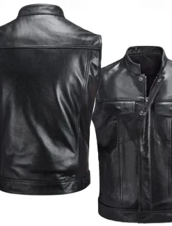 Best OUKU Men's Vest Gilet Leather Vest Daily Vacation Weekend Fashion Casual Fall & Winter Pocket 60% Cotton Comfortable Plain Zipper Stand Collar Regular Fit Vest Black