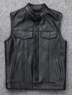 Best OUKU Men's Vest Gilet Leather Vest Daily Vacation Weekend Fashion Casual Fall & Winter Pocket 60% Cotton Comfortable Plain Zipper Stand Collar Regular Fit Vest Black