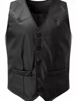 Discount OUKU Men's Vest Gilet Leather Vest Daily Date Vacation Fashion Casual Spring & Fall Button Pocket Polyester Comfortable Plain Single Breasted One-button V Neck Regular Fit Black Burgundy Camel Vest