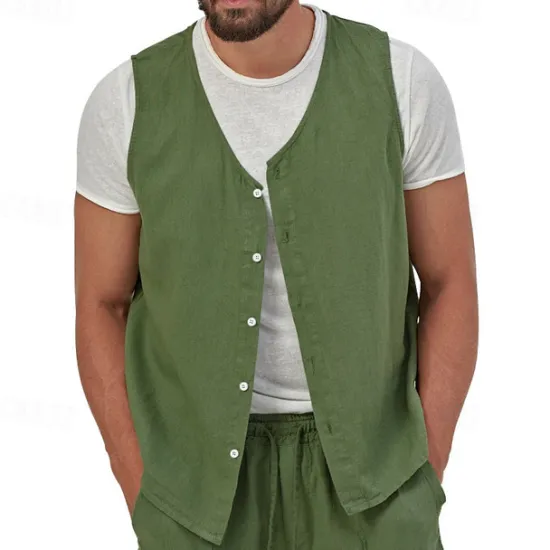 Hot OUKU Men's Vest Gilet Linen Vest Vacation Daily Date Fashion Casual Summer Spring Buttons Pocket Linen Comfortable Plain Single Breasted One-button V Neck Regular Fit Black Yellow Light Green Navy Blue
