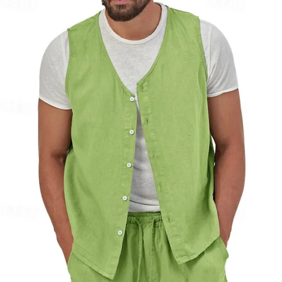 Hot OUKU Men's Vest Gilet Linen Vest Vacation Daily Date Fashion Casual Summer Spring Buttons Pocket Linen Comfortable Plain Single Breasted One-button V Neck Regular Fit Black Yellow Light Green Navy Blue