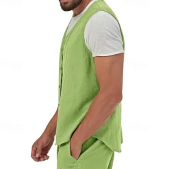Hot OUKU Men's Vest Gilet Linen Vest Vacation Daily Date Fashion Casual Summer Spring Buttons Pocket Linen Comfortable Plain Single Breasted One-button V Neck Regular Fit Black Yellow Light Green Navy Blue
