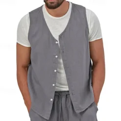 Hot OUKU Men's Vest Gilet Linen Vest Vacation Daily Date Fashion Casual Summer Spring Buttons Pocket Linen Comfortable Plain Single Breasted One-button V Neck Regular Fit Black Yellow Light Green Navy Blue