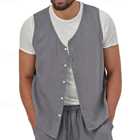Hot OUKU Men's Vest Gilet Linen Vest Vacation Daily Date Fashion Casual Summer Spring Buttons Pocket Linen Comfortable Plain Single Breasted One-button V Neck Regular Fit Black Yellow Light Green Navy Blue