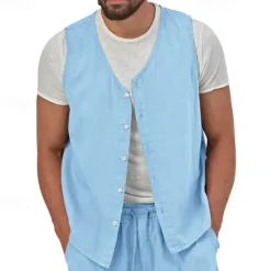 Hot OUKU Men's Vest Gilet Linen Vest Vacation Daily Date Fashion Casual Summer Spring Buttons Pocket Linen Comfortable Plain Single Breasted One-button V Neck Regular Fit Black Yellow Light Green Navy Blue