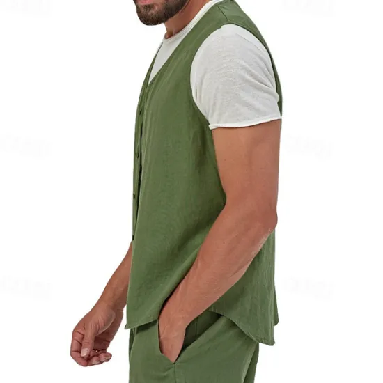 Hot OUKU Men's Vest Gilet Linen Vest Vacation Daily Date Fashion Casual Summer Spring Buttons Pocket Linen Comfortable Plain Single Breasted One-button V Neck Regular Fit Black Yellow Light Green Navy Blue