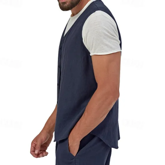 Hot OUKU Men's Vest Gilet Linen Vest Vacation Daily Date Fashion Casual Summer Spring Buttons Pocket Linen Comfortable Plain Single Breasted One-button V Neck Regular Fit Black Yellow Light Green Navy Blue