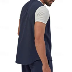 Hot OUKU Men's Vest Gilet Linen Vest Vacation Daily Date Fashion Casual Summer Spring Buttons Pocket Linen Comfortable Plain Single Breasted One-button V Neck Regular Fit Black Yellow Light Green Navy Blue