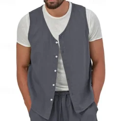 Hot OUKU Men's Vest Gilet Linen Vest Vacation Daily Date Fashion Casual Summer Spring Buttons Pocket Linen Comfortable Plain Single Breasted One-button V Neck Regular Fit Black Yellow Light Green Navy Blue