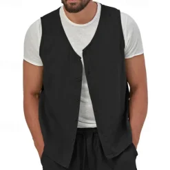 Hot OUKU Men's Vest Gilet Linen Vest Vacation Daily Date Fashion Casual Summer Spring Buttons Pocket Linen Comfortable Plain Single Breasted One-button V Neck Regular Fit Black Yellow Light Green Navy Blue