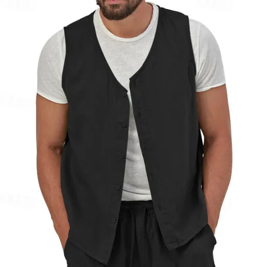 Hot OUKU Men's Vest Gilet Linen Vest Vacation Daily Date Fashion Casual Summer Spring Buttons Pocket Linen Comfortable Plain Single Breasted One-button V Neck Regular Fit Black Yellow Light Green Navy Blue