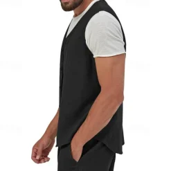 Hot OUKU Men's Vest Gilet Linen Vest Vacation Daily Date Fashion Casual Summer Spring Buttons Pocket Linen Comfortable Plain Single Breasted One-button V Neck Regular Fit Black Yellow Light Green Navy Blue