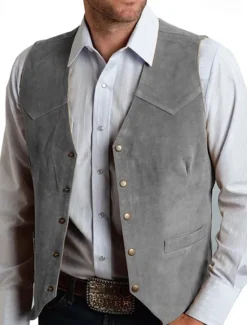 Outlet OUKU Men's Vest Gilet Suede Vest Vacation Daily Date Fashion Casual Spring & Fall Buttons Pocket Polyester Comfortable Plain Single Breasted One-button V Neck Regular Fit Black Champagne Burgundy Gold