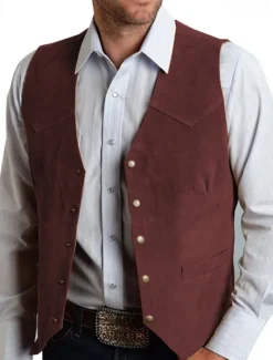 Outlet OUKU Men's Vest Gilet Suede Vest Vacation Daily Date Fashion Casual Spring & Fall Buttons Pocket Polyester Comfortable Plain Single Breasted One-button V Neck Regular Fit Black Champagne Burgundy Gold