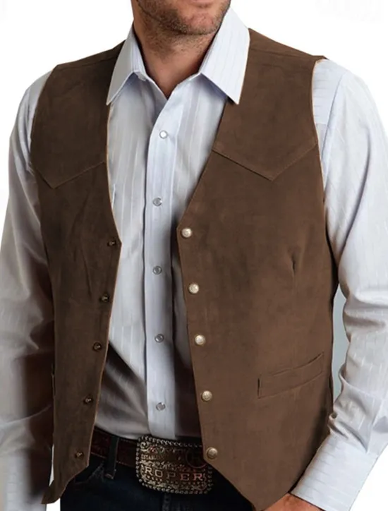 Outlet OUKU Men's Vest Gilet Suede Vest Vacation Daily Date Fashion Casual Spring & Fall Buttons Pocket Polyester Comfortable Plain Single Breasted One-button V Neck Regular Fit Black Champagne Burgundy Gold