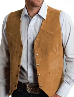 Outlet OUKU Men's Vest Gilet Suede Vest Vacation Daily Date Fashion Casual Spring & Fall Buttons Pocket Polyester Comfortable Plain Single Breasted One-button V Neck Regular Fit Black Champagne Burgundy Gold