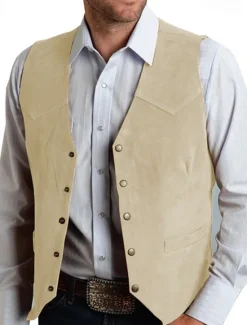 Outlet OUKU Men's Vest Gilet Suede Vest Vacation Daily Date Fashion Casual Spring & Fall Buttons Pocket Polyester Comfortable Plain Single Breasted One-button V Neck Regular Fit Black Champagne Burgundy Gold