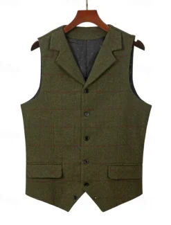 OUKU Men's Vest Gilet Suede Vest Vacation Daily Date Fashion Casual Spring & Fall Buttons Pocket Polyester Comfortable Plaid Single Breasted One-button Lapel Regular Fit Dark Brown Black Navy Blue Green Coffee