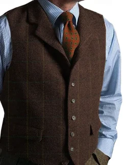 OUKU Men's Vest Gilet Suede Vest Vacation Daily Date Fashion Casual Spring & Fall Buttons Pocket Polyester Comfortable Plaid Single Breasted One-button Lapel Regular Fit Dark Brown Black Navy Blue Green Coffee