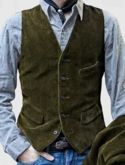 Hot OUKU Men's Vest Gilet Vacation Daily Vintage Fashion Spring & Fall Buttons Decorative pockets Polyester Corduroy Comfortable Plain Single Breasted One-button V Neck Regular Fit Black Blue Brown Army Green