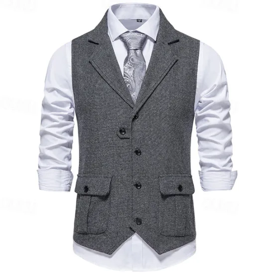 Hot OUKU Men's Vest Gilet Vacation Daily Date Fashion Casual Spring & Fall Buttons Pocket 75% Cotton Comfortable Plain Single Breasted One-button Lapel Regular Fit Burgundy Navy Blue Dark Green Khaki Vest